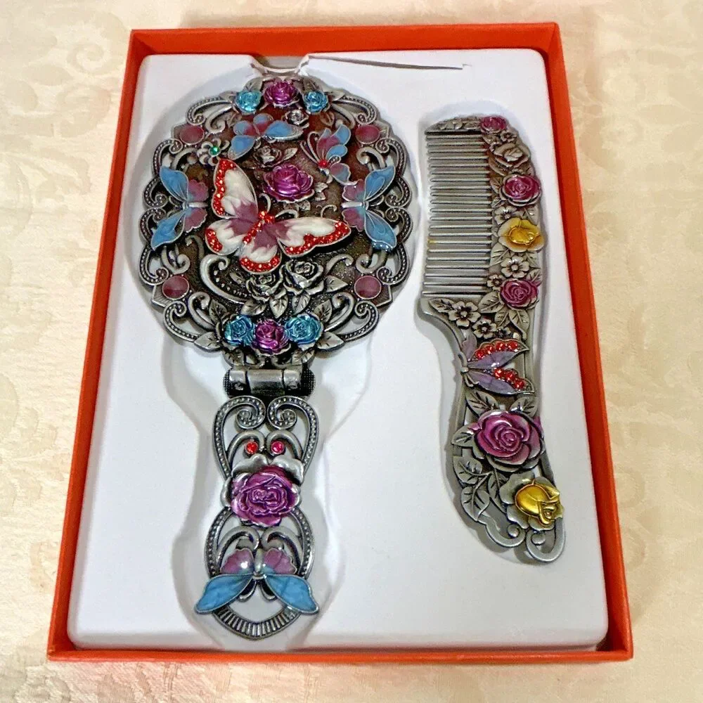 Vintage Style Enamel Butterfly Vanity Set Folding Hand Mirror & Hair Comb In Box